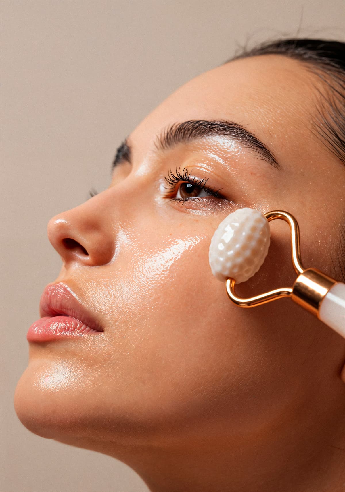 Mulher usando rolo facial de skincare